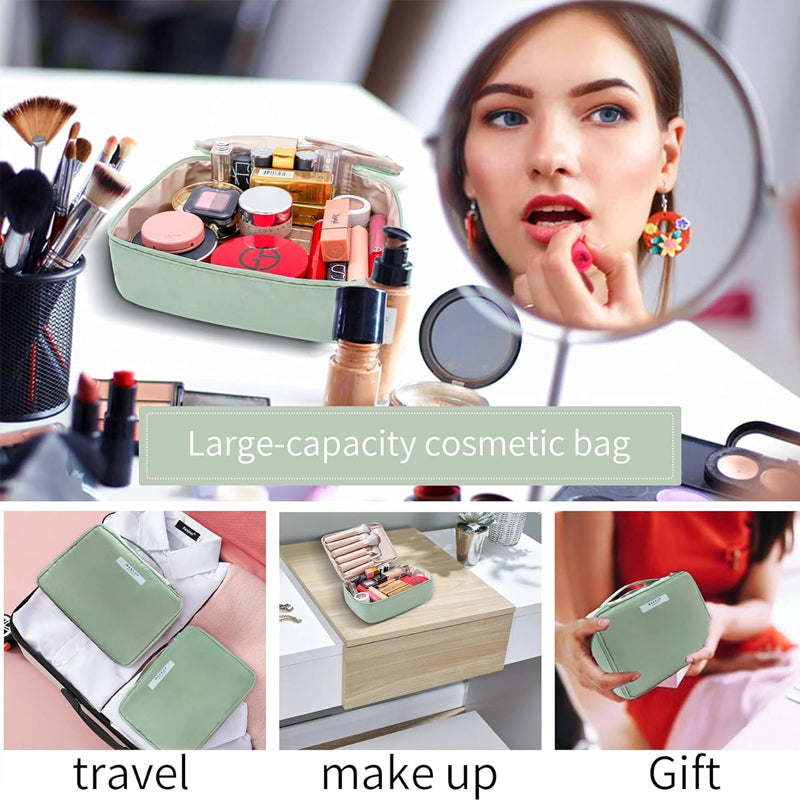 Borsa cosmetica verde grande capacità, ideale per viaggi e trucco. Include pennelli, rossetti e specchio. Perfetta come regalo.