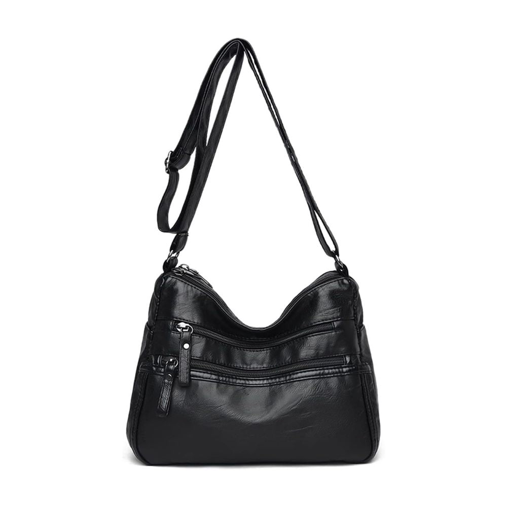 Borsa a tracolla in pelle nera con cerniere multiple, design elegante e pratico. Accessorio moda donna, ideale per uso quotidiano.