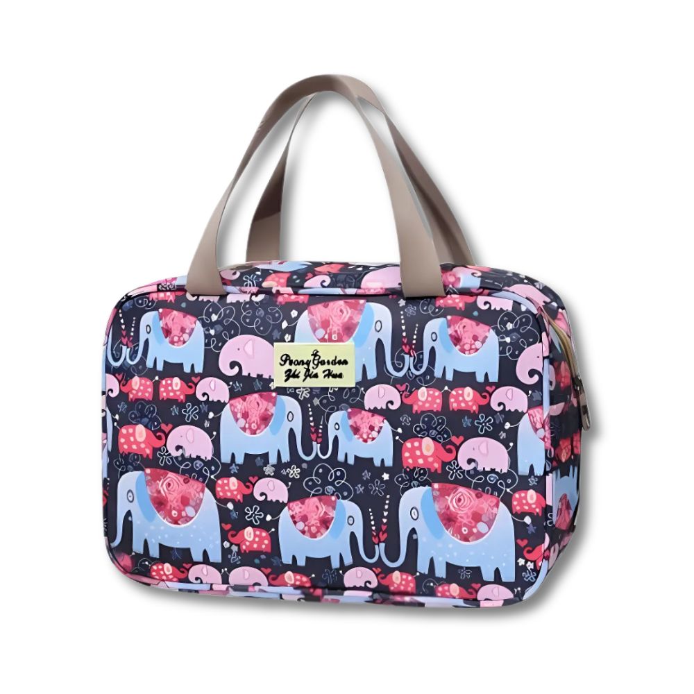 Borsa da viaggio impermeabile con stampa elefanti colorati, manici beige, ideale per viaggi, bagaglio a mano, moda donna, accessori eleganti.