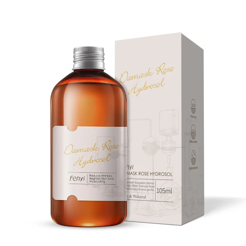 Bottiglia di idrosol di rosa damascena da 105ml con confezione elegante, ideale per cura della pelle, idratazione e riduzione delle rughe.