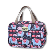 Borsa da viaggio impermeabile con stampa elefanti colorati, manici beige, ideale per viaggi, moda, accessori donna, capiente e resistente.