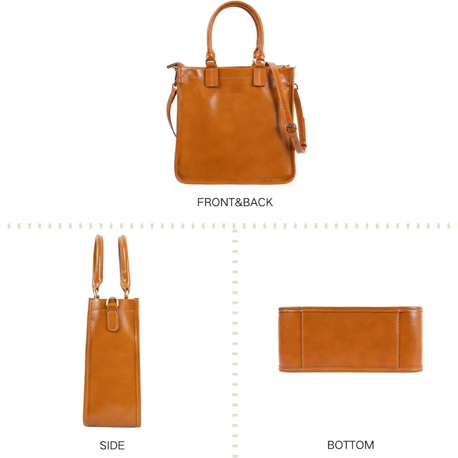 Borsa a mano in pelle marrone, vista frontale, laterale e inferiore. Design elegante, tracolla regolabile, ideale per moda donna.