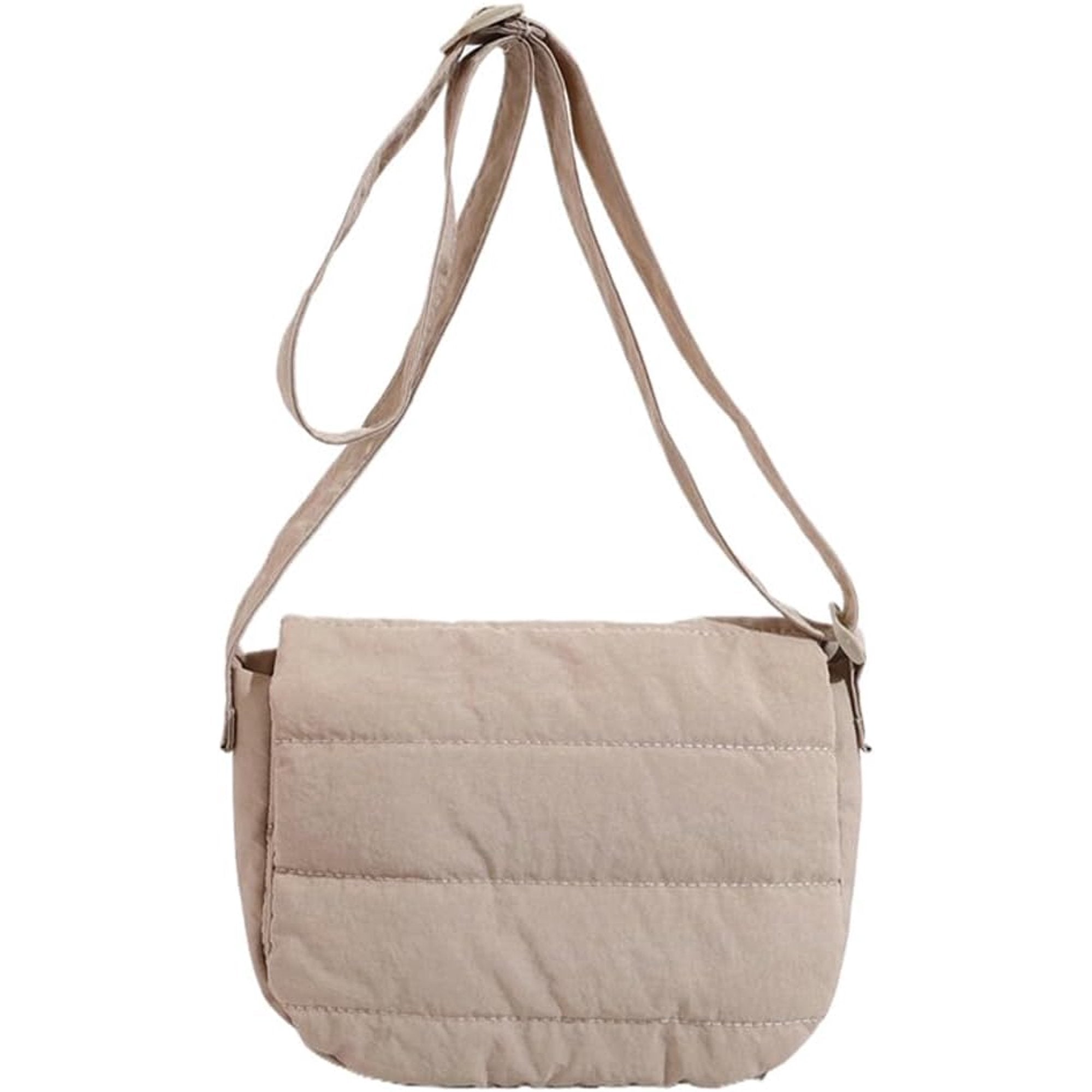 Borsa a tracolla beige imbottita, design minimalista, chiusura a patta, ideale per moda casual e quotidiana. Accessorio versatile ed elegante.