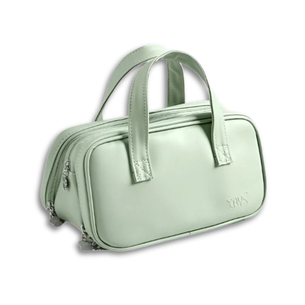 Borsa a mano verde menta in pelle sintetica, design moderno con doppia cerniera e manici robusti. Accessorio moda elegante e versatile.