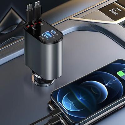 Caricatore auto USB con display LED, doppia porta di ricarica rapida, smartphone in carica, accessori auto, tecnologia avanzata, compatibilità universale.