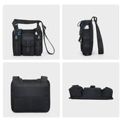 Borsa a tracolla nera multifunzionale, design tattico, con tasche multiple e chiusura a fibbia. Ideale per escursioni e uso quotidiano.
