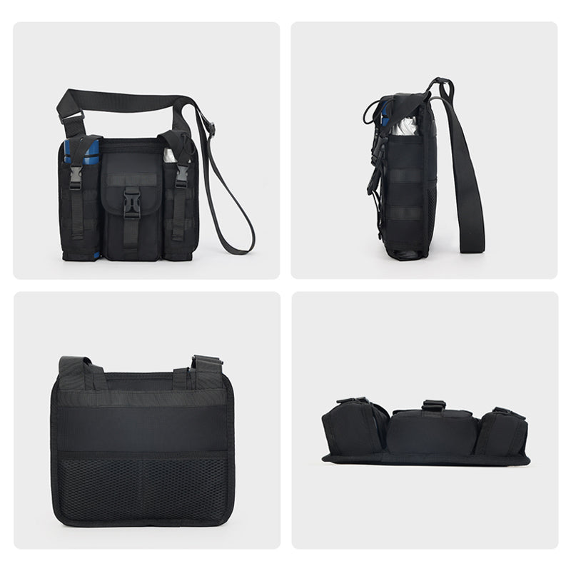 Borsa a tracolla nera multifunzionale, design tattico, con tasche multiple e chiusura a fibbia. Ideale per escursioni e uso quotidiano.