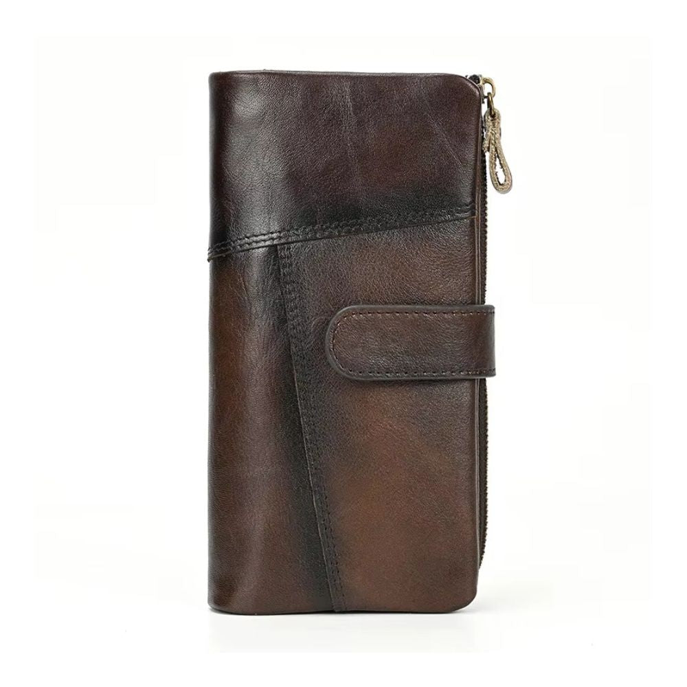 Portafoglio in pelle marrone scuro con chiusura a zip e bottone, design elegante e spazioso, ideale per uomo, accessorio moda di alta qualità.