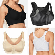 Quattro reggiseni sportivi in vari colori: nero, beige e bianco. Design senza cuciture, supporto elevato, chiusura frontale. Ideali per attività sportive.