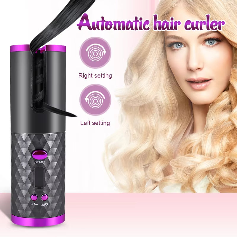 Arricciacapelli automatico nero e viola, impostazioni destra/sinistra, immagine di donna con capelli biondi ricci. Styling capelli facile e veloce.