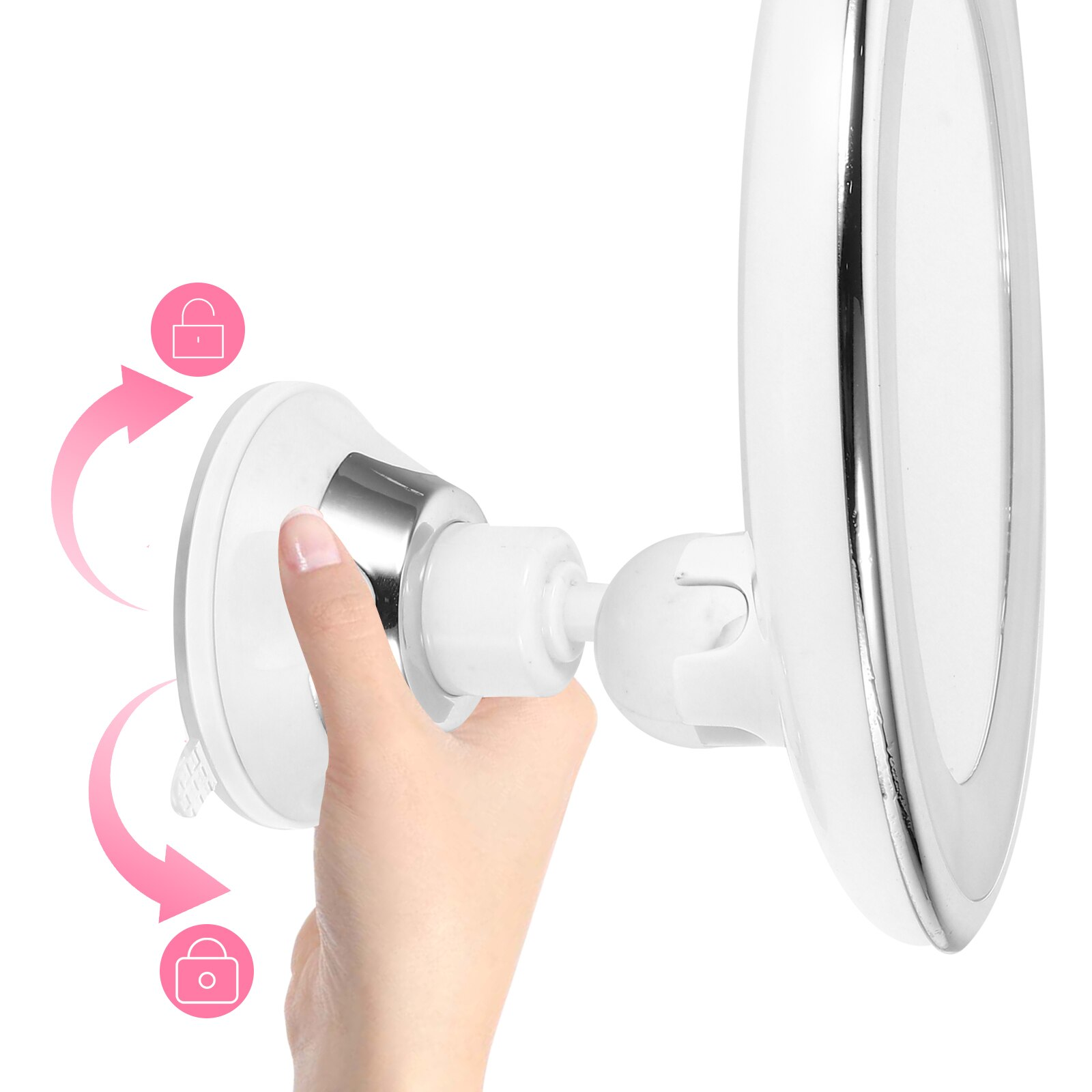 Specchio ingranditore con ventosa, montaggio a parete, rotazione a 360 gradi, design bianco e argento, ideale per trucco e bagno.