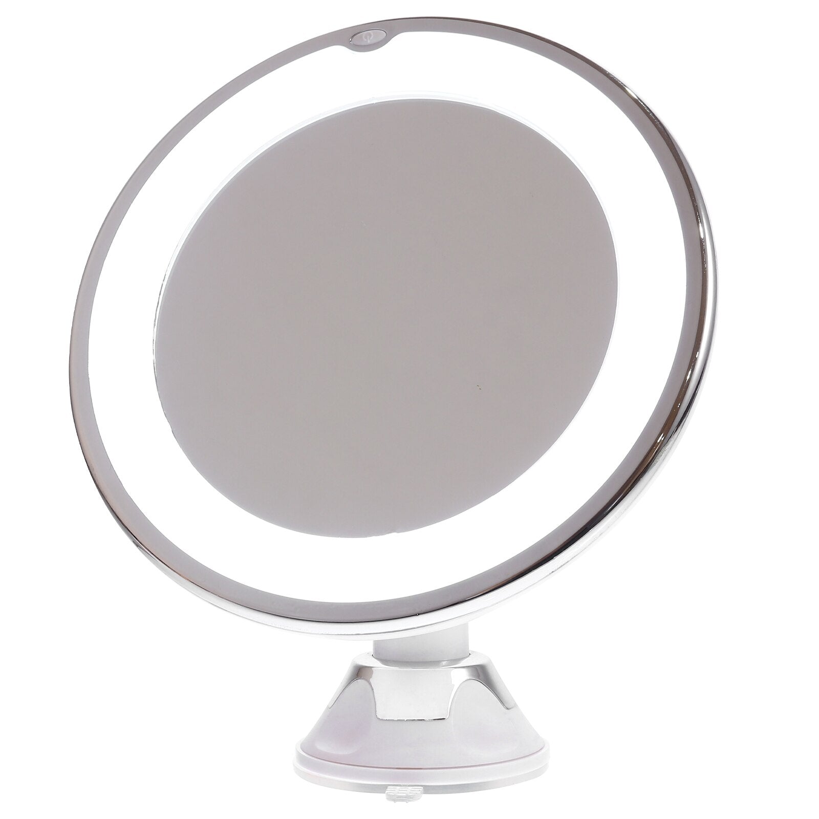 Specchio cosmetico rotondo con luce LED, ingrandimento, montaggio a ventosa, ideale per trucco e cura del viso, design moderno ed elegante.