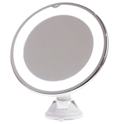 Specchio cosmetico rotondo con luce LED, ingrandimento, montaggio a ventosa, ideale per trucco e cura del viso, design moderno ed elegante.