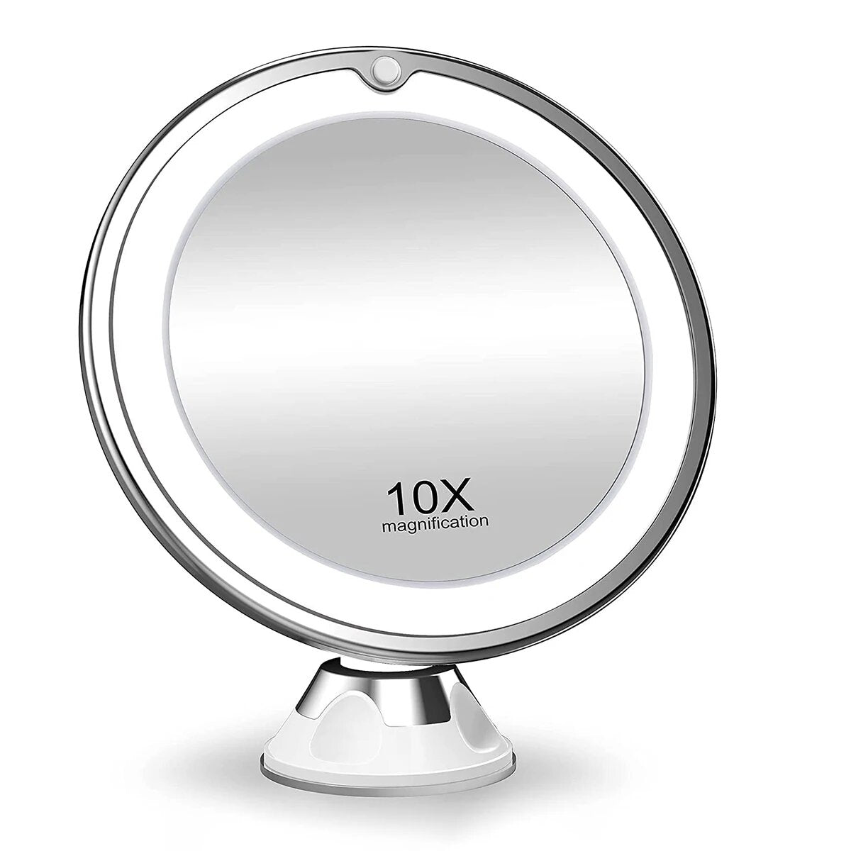 Specchio cosmetico ingrandimento 10x, rotondo, con luce LED, montatura argento, base stabile, ideale per trucco e cura del viso.