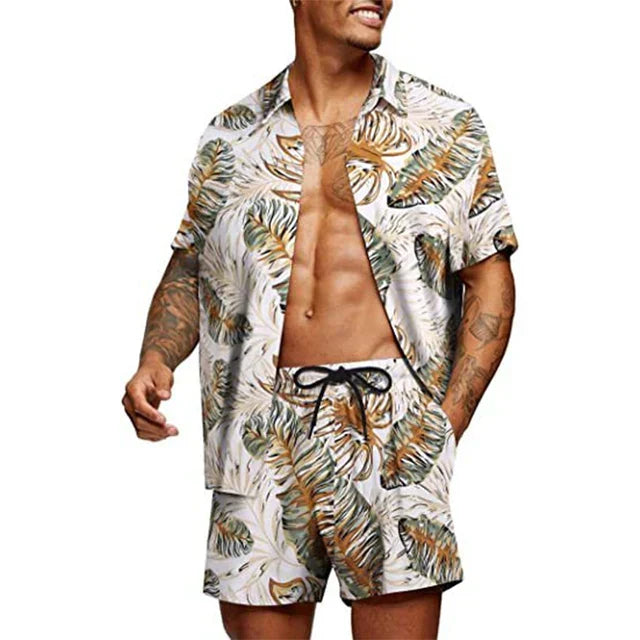 Camicia e pantaloncini uomo con stampa tropicale foglie, abbigliamento estivo casual, maniche corte, ideale per spiaggia e vacanze.