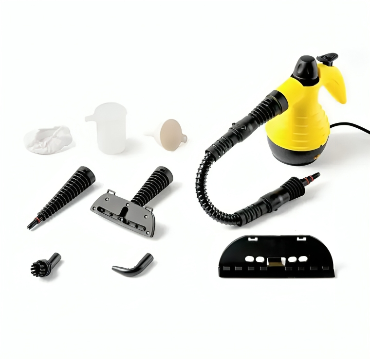 Pulitore a vapore portatile giallo con accessori multipli, ideale per pulizia domestica, rimozione macchie e igienizzazione superfici.