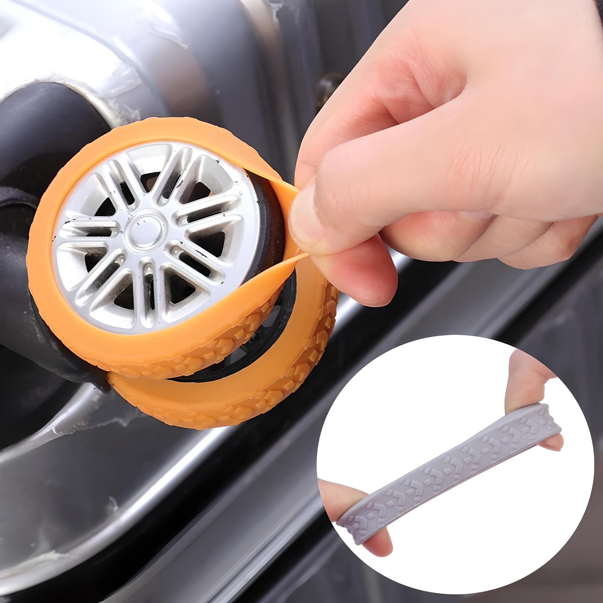 Ruota giocattolo con pneumatico in silicone arancione, dettagliata in primo piano. Include immagine secondaria di pneumatico grigio. Accessorio per modellini auto.