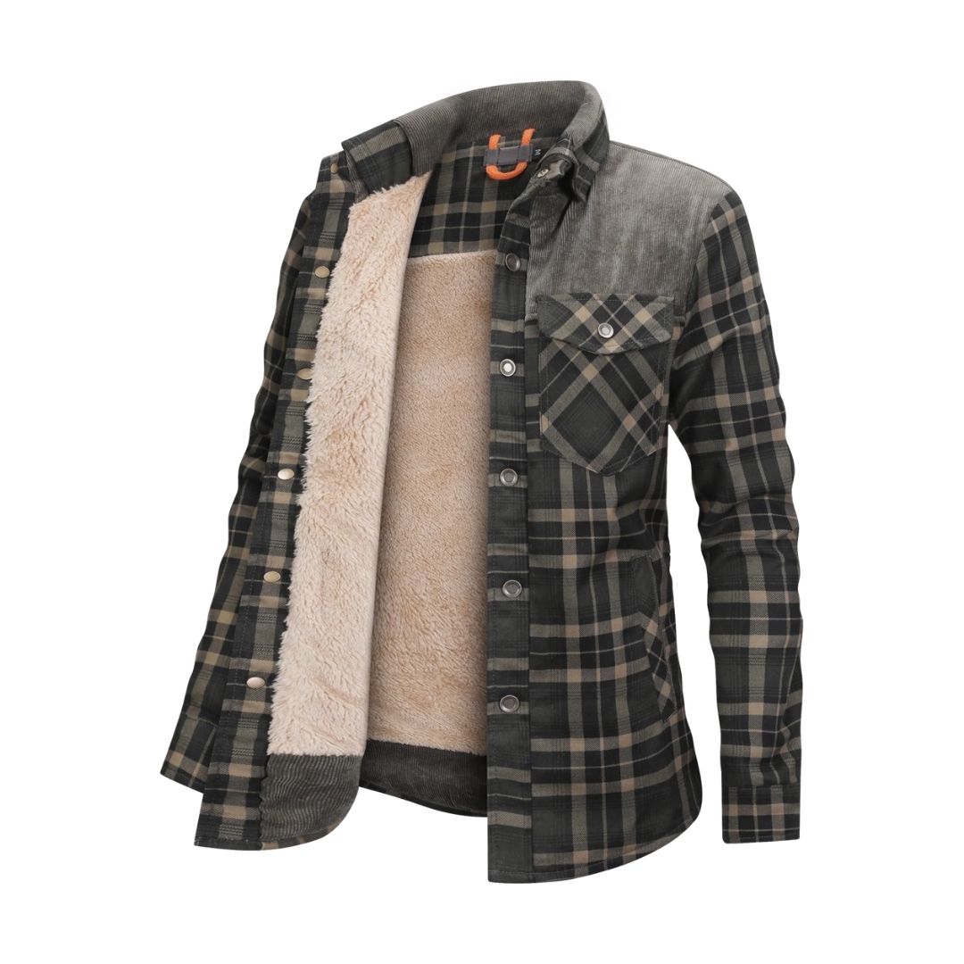 Camicia a quadri in flanella da uomo, foderata in pile, colore verde e nero, con tasca frontale. Ideale per l'inverno, stile casual e caldo.
