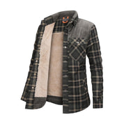Camicia a quadri in flanella da uomo, foderata in pile, colore verde e nero, con tasca frontale. Ideale per l'inverno, stile casual e caldo.
