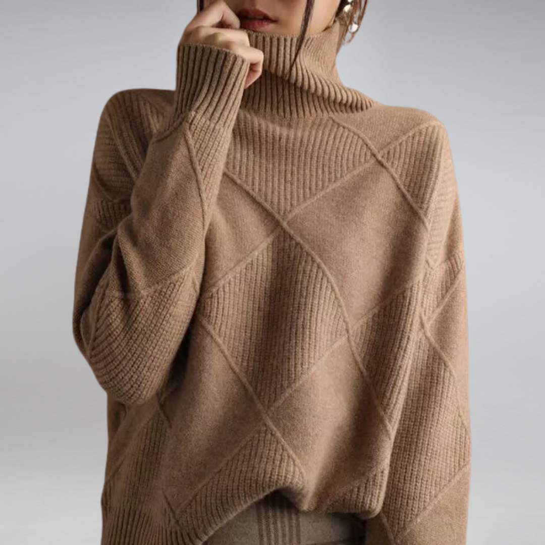 Maglione dolcevita marrone a quadri, lavorato a maglia, donna, moda autunno inverno, elegante e caldo, stile casual chic, tessuto morbido.