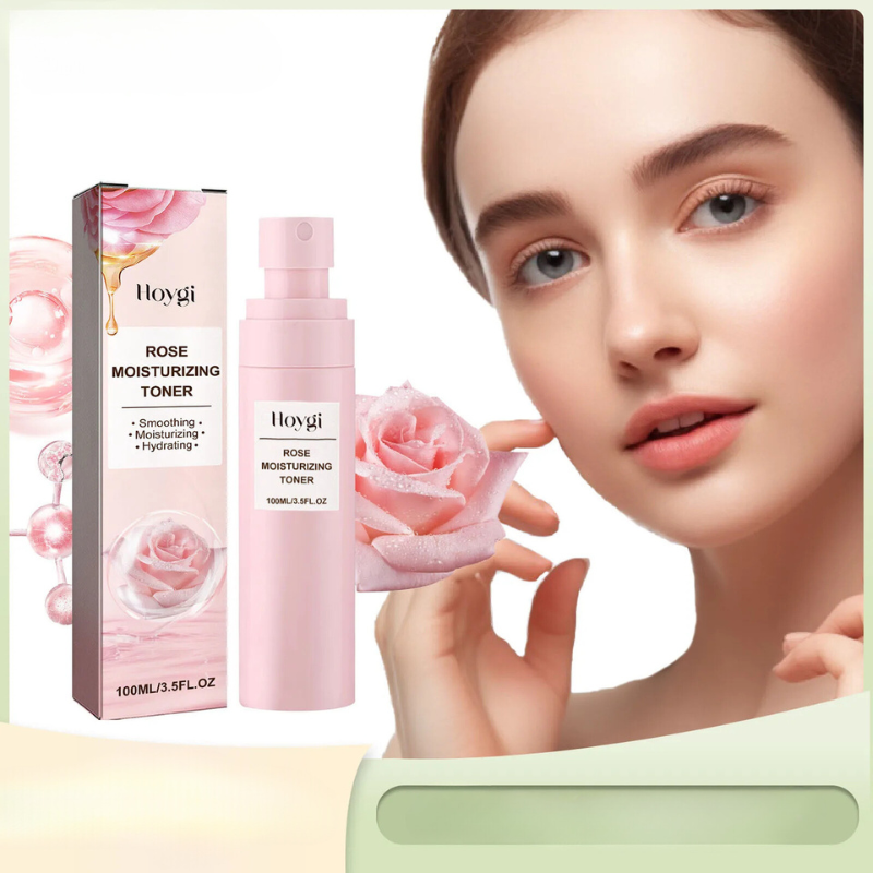 Toner idratante alla rosa Hoygi 100ml, confezione e flacone rosa, donna con rosa in mano, skincare, idratazione, pelle liscia, bellezza viso.