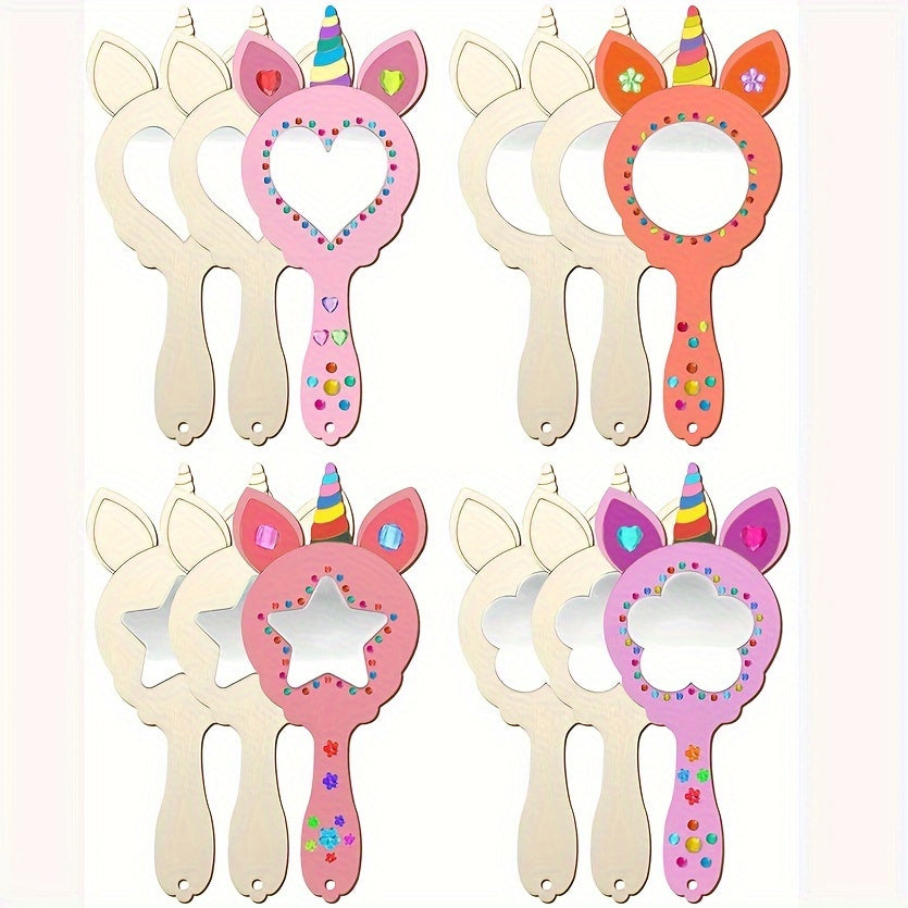 Specchi a forma di unicorno per bambini, decorati con orecchie e corna colorate, disponibili in vari design: cuore, stella, cerchio. Accessori giocattolo.