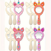 Specchi a forma di unicorno per bambini, decorati con orecchie e corna colorate, disponibili in vari design: cuore, stella, cerchio. Accessori giocattolo.