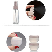 Spray bottiglia trasparente e contenitori cosmetici vuoti in plastica bianca, ideali per viaggi, skincare, profumi, lozioni. Accessori beauty portatili.