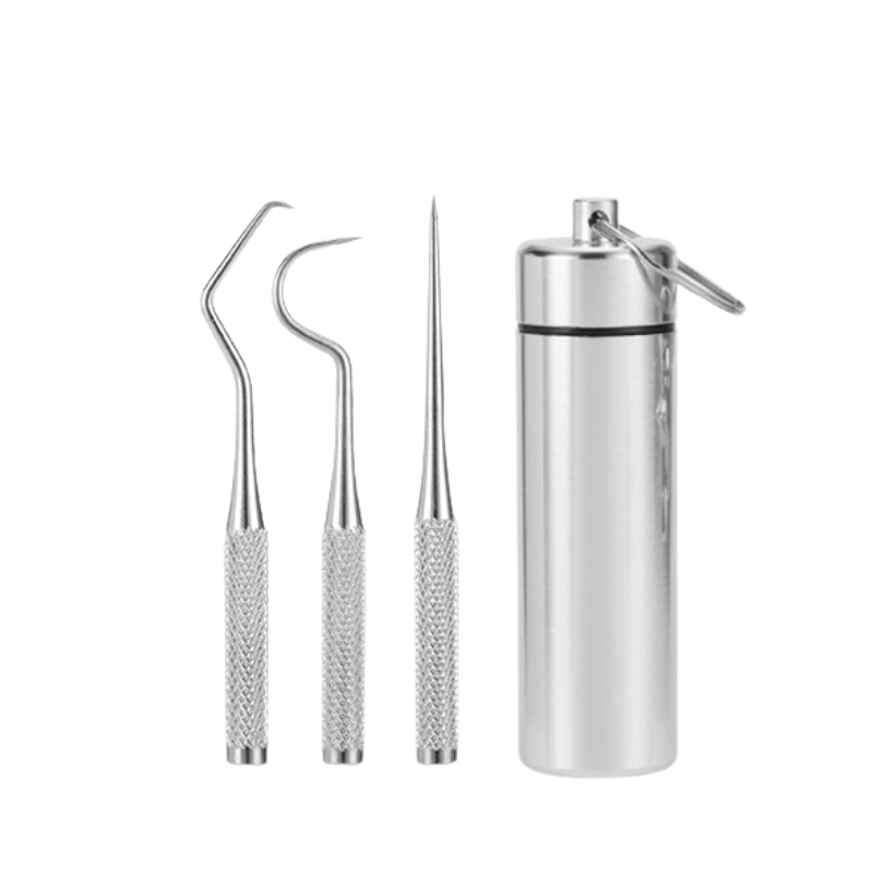 Set di strumenti dentali in acciaio inox con custodia portatile. Include specillo, sonda e strumento di pulizia. Ideale per igiene orale professionale.