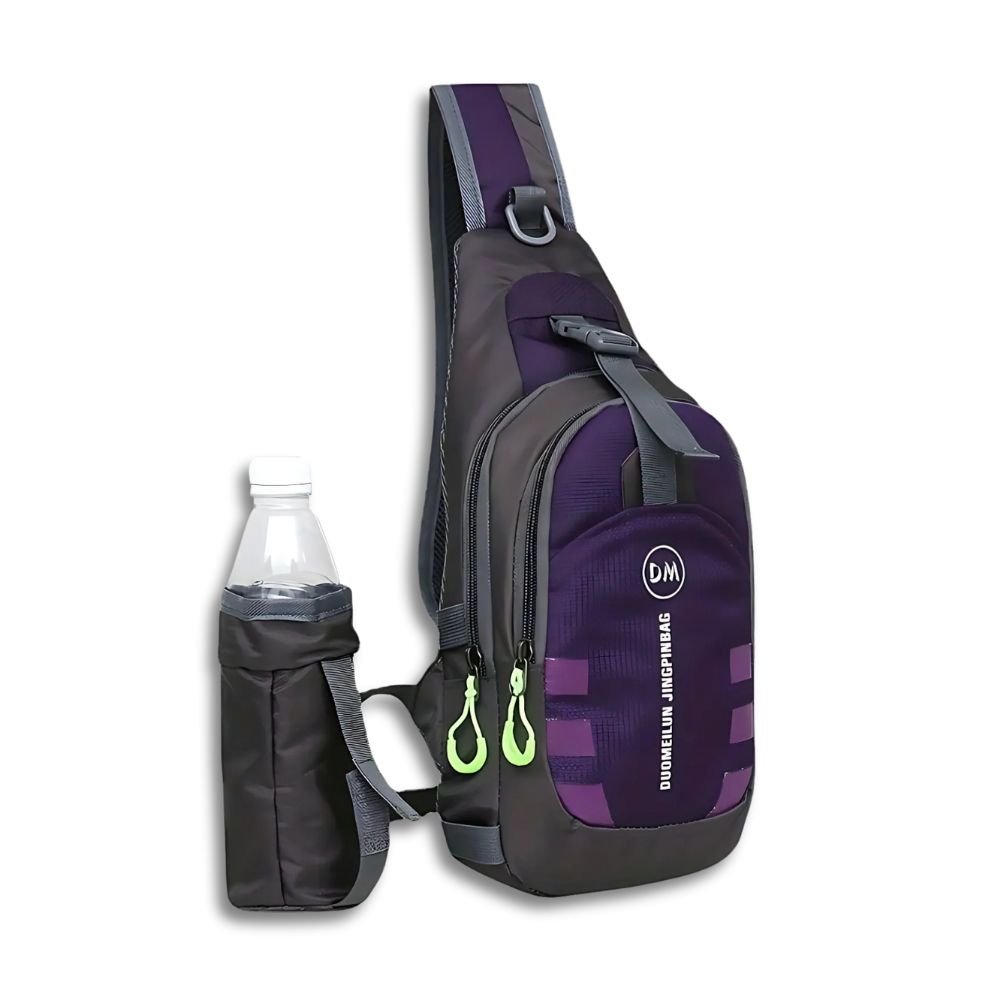 Zaino monospalla sportivo nero e viola con portaborraccia, tasche multiple, cerniere verdi. Ideale per escursioni, ciclismo, attività all'aperto.