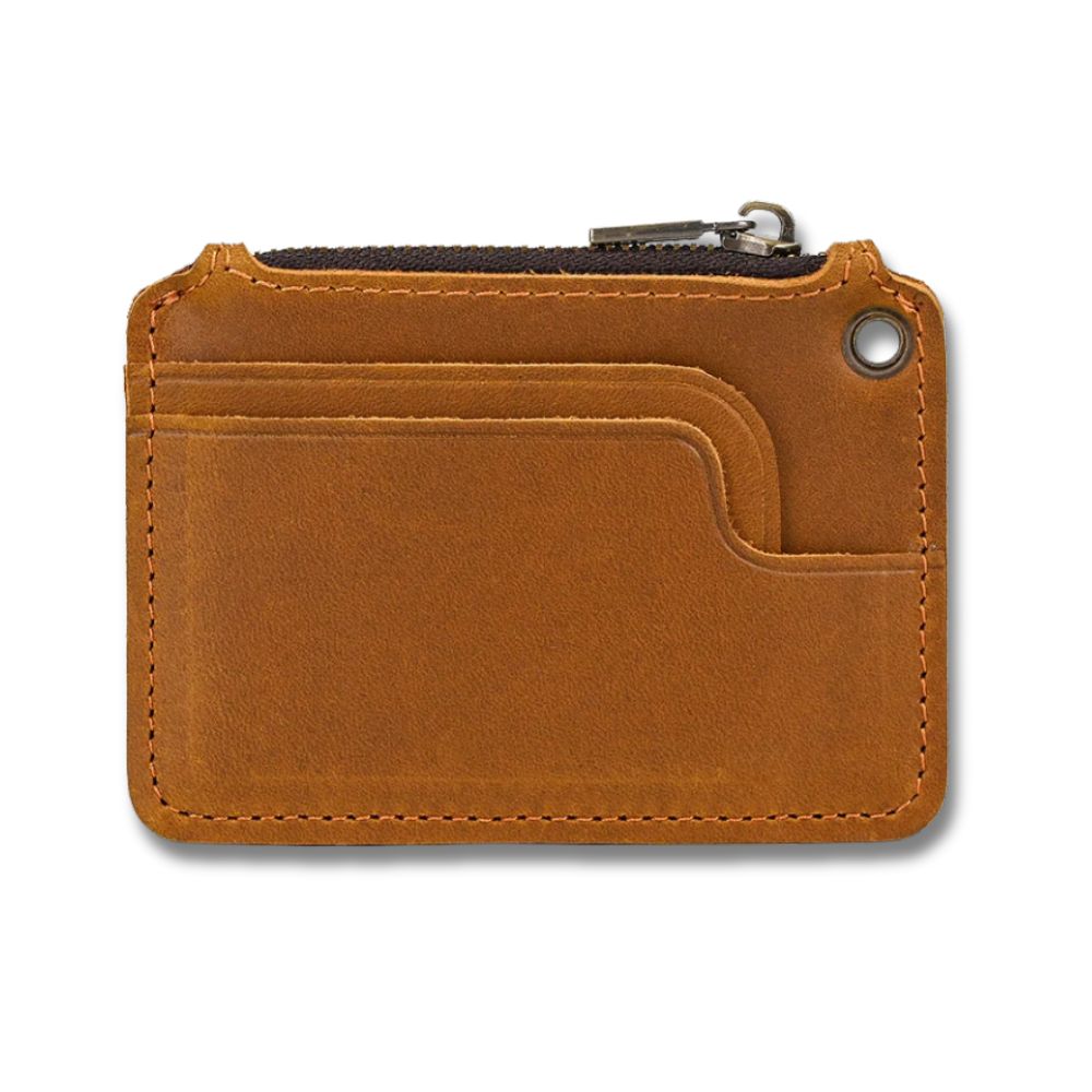 Portafoglio in pelle marrone con cerniera e tasche multiple, design compatto e moderno, ideale per carte di credito e contanti.