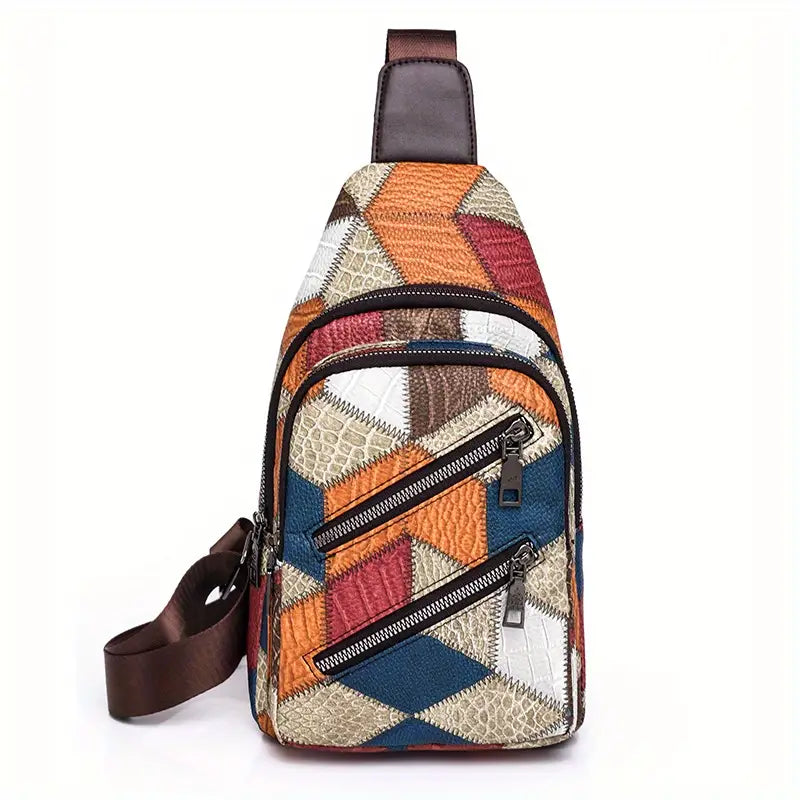 Zaino monospalla multicolore con motivo geometrico, tasche con zip, tracolla regolabile in pelle marrone. Design moderno e pratico per uomo e donna.