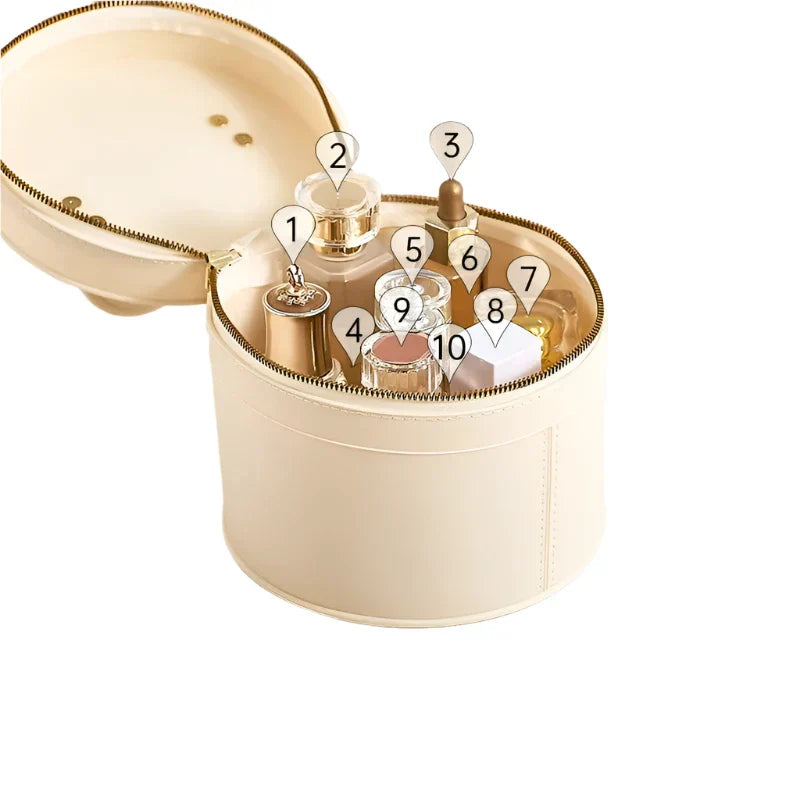 Scatola rotonda in pelle beige con cerniera, contenente flaconi di profumo e cosmetici. Elegante organizer da viaggio per prodotti di bellezza.