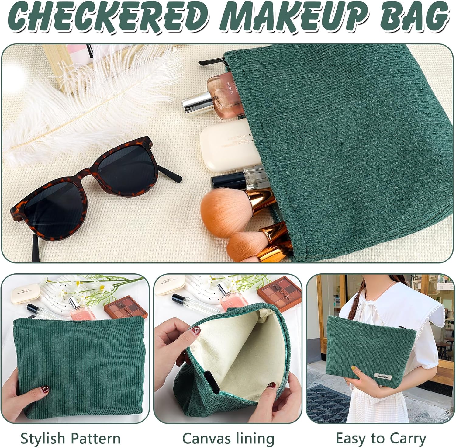 Borsa trucco a quadri verde, design elegante, fodera in tela, facile da trasportare. Include occhiali da sole, pennelli e cosmetici.