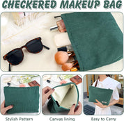 Borsa trucco a quadri verde, design elegante, fodera in tela, facile da trasportare. Include occhiali da sole, pennelli e cosmetici.