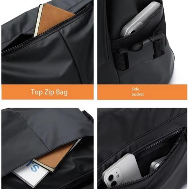 Zaino nero impermeabile con tasca superiore con zip e tasca laterale, ideale per laptop e accessori. Design moderno e funzionale per viaggi e lavoro.