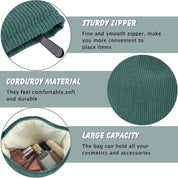Borsa cosmetica verde in velluto a coste con cerniera robusta, grande capacità per trucchi e accessori, materiale morbido e durevole.