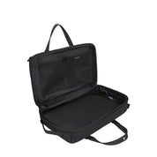 Borsa porta computer nera aperta, con scomparti interni e manici, ideale per laptop, lavoro e viaggio. Design elegante e funzionale.