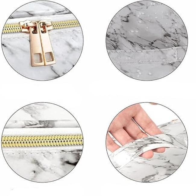 Borsa cosmetica in marmo bianco con cerniera dorata, dettagli impermeabili, design elegante. Ideale per trucco, viaggio, organizzazione accessori.