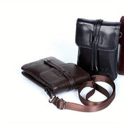 Borse a tracolla in pelle nera e marrone, design elegante, chiusura a patta, ideali per uomo e donna, accessori moda versatili e di tendenza.