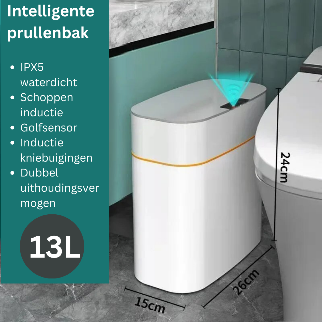 Cestino intelligente da 13L con sensore a induzione, impermeabile IPX5, design moderno bianco, adatto per bagno o cucina, dimensioni compatte 15x26x24 cm.