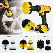 Trapano elettrico con spazzole intercambiabili per pulizia cerchioni auto. Set spazzole dure, medie e morbide. Accessori pulizia auto efficaci.