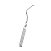 Strumento dentale in acciaio inossidabile, specillo odontoiatrico con impugnatura antiscivolo, ideale per igiene orale professionale e pulizia dentale.
