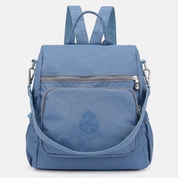 Zaino casual blu in nylon impermeabile con tasca frontale con zip, spallacci regolabili e manico superiore. Design elegante e pratico per ogni occasione.