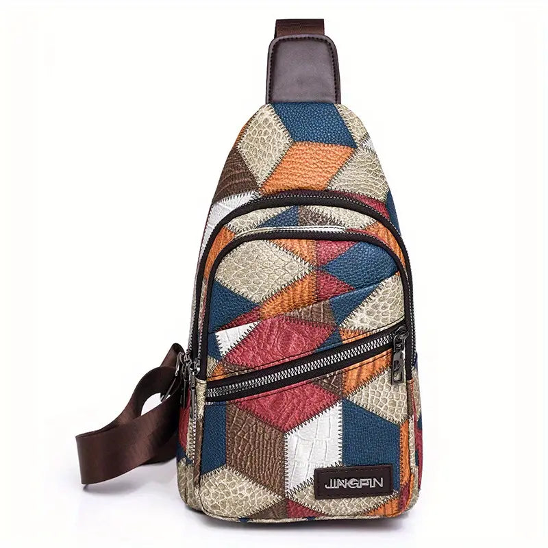 Zaino a tracolla multicolore in pelle PU con motivo geometrico, tasca frontale con zip, ideale per moda urbana e viaggi.
