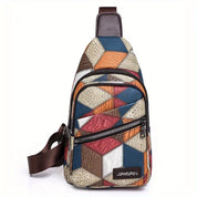 Zaino a tracolla multicolore in pelle PU con motivo geometrico, tasca frontale con zip, ideale per moda urbana e viaggi.