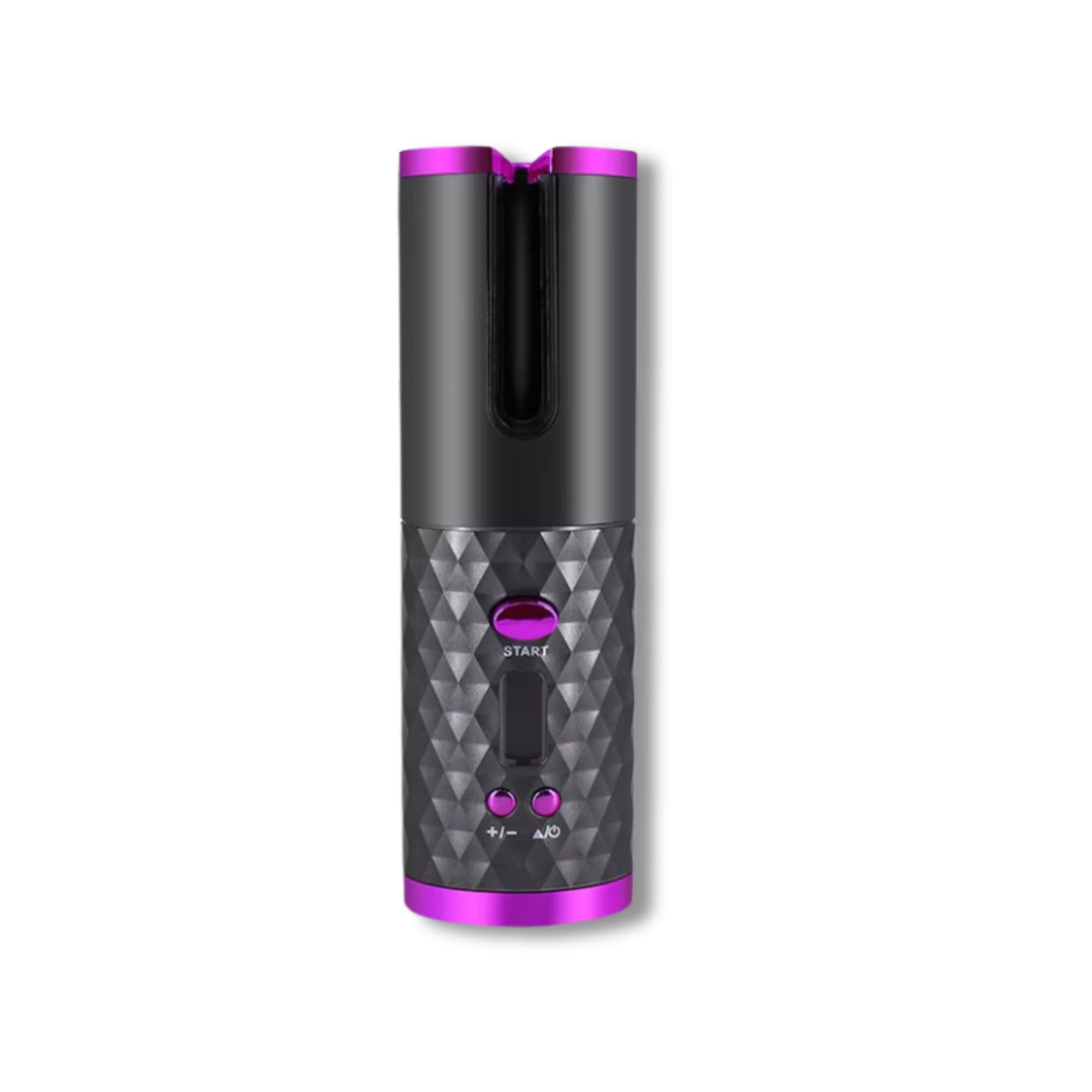 Arricciacapelli automatico nero e viola, design portatile senza fili, texture diamantata, ideale per styling capelli ricci, tecnologia avanzata.
