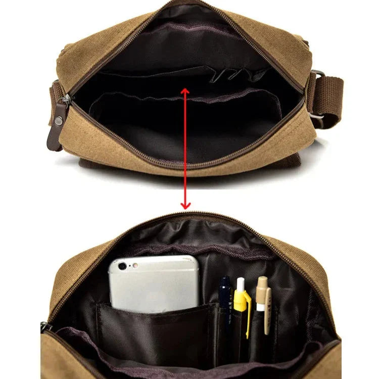 Borsa a tracolla in tela marrone con scomparti interni, tasca per smartphone e portapenne. Design pratico e resistente, ideale per uso quotidiano.