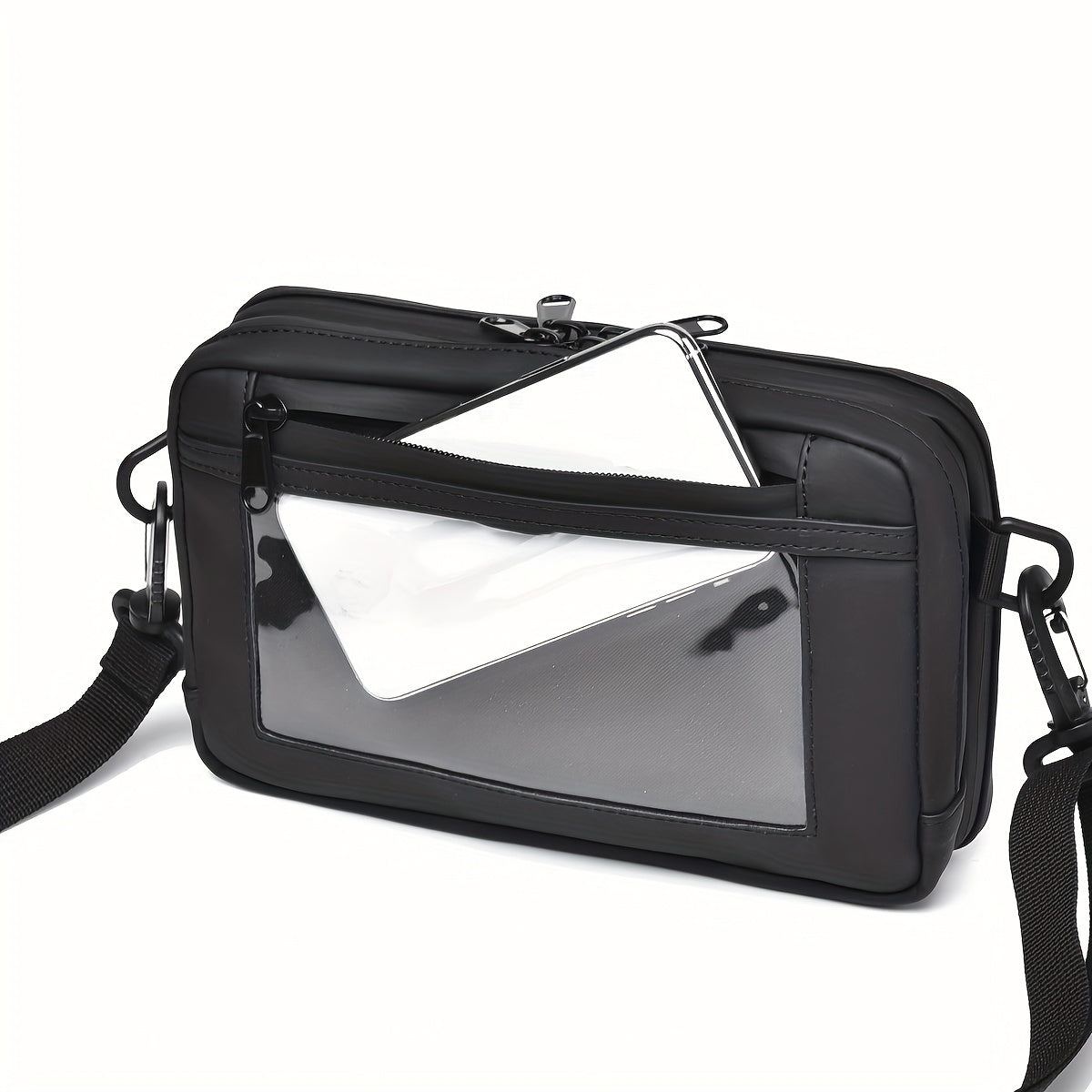 Borsa a tracolla nera con tasca trasparente e chiusura a zip, design moderno, ideale per uomo e donna, accessorio moda unisex.