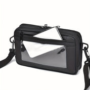 Borsa a tracolla nera con tasca trasparente e chiusura a zip, design moderno, ideale per uomo e donna, accessorio moda unisex.